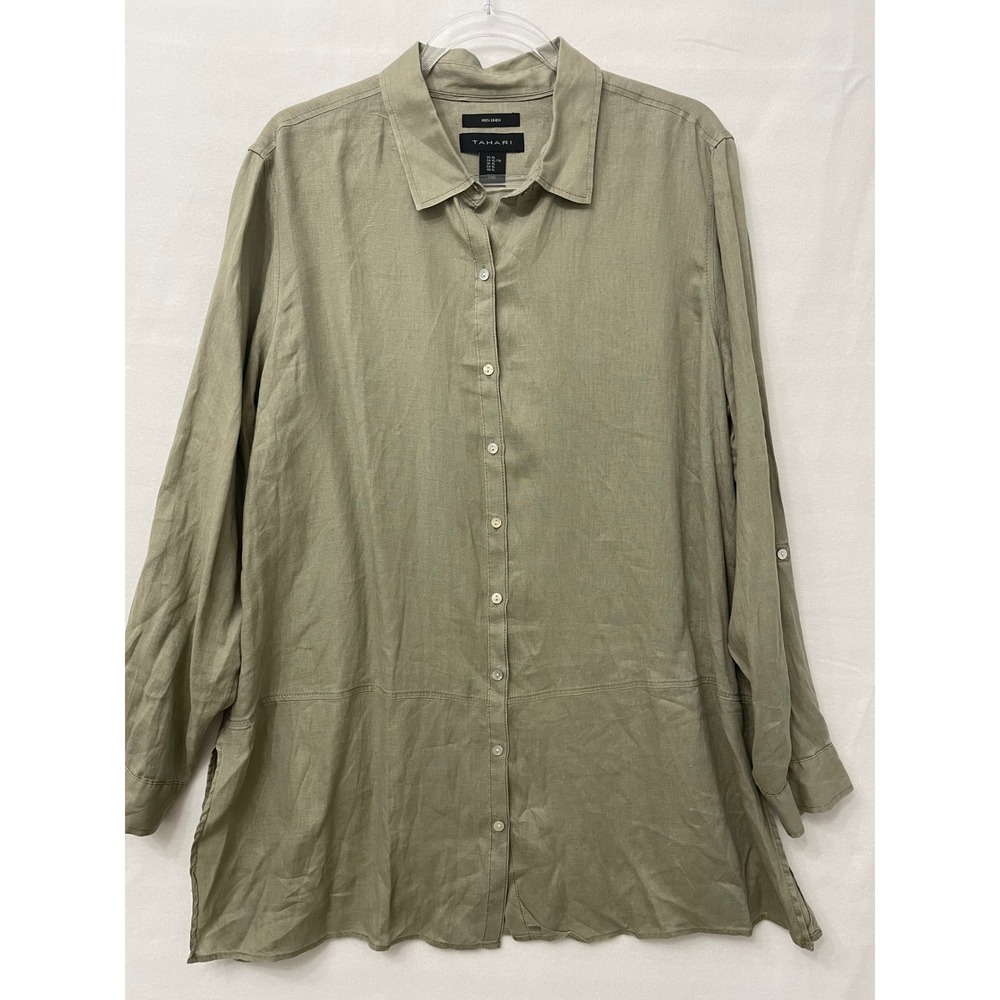 Tahari 100% Linen Button Down Tunic size XL Olive Tan Long Sleeve Relaxed